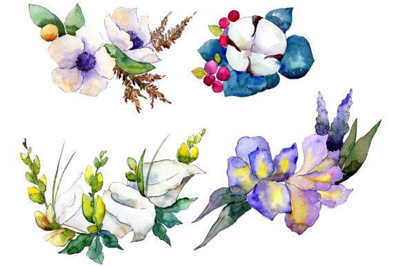 Bouquet Flower Composition Watercolor Set Illustrations