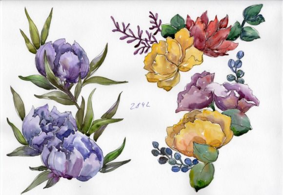 Bouquet Tropical Flower Watercolor Set & Illustrations