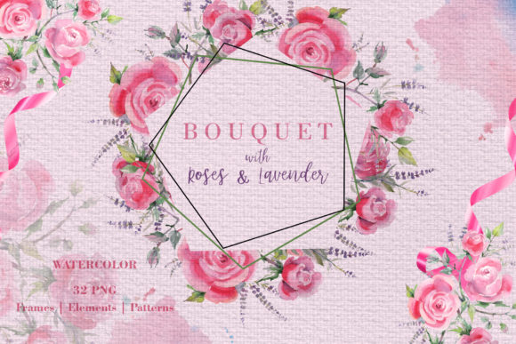 Bouquet with Roses and Lavender Watercolor Illustrations