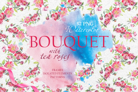 Bouquet with Tea Roses Watercolor Png Illustrations