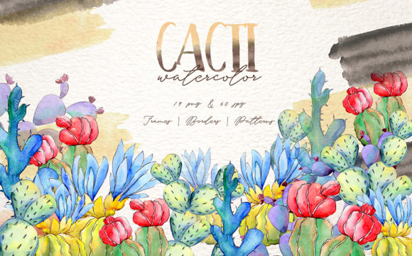 Cool Colorful Cacti Watercolor Set & Illustrations