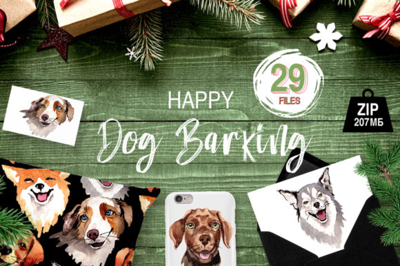 Dogs Barking New Year Watercolor Set Illustrations