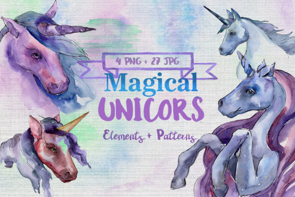 Magical Purple Unicorn Watercolor Set Illustrations