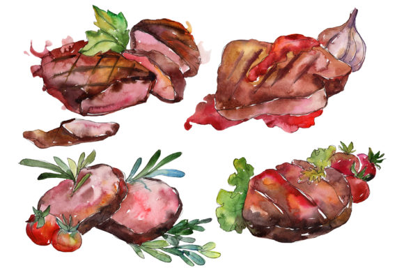 Meat Steaks Watercolor Set Illustrations