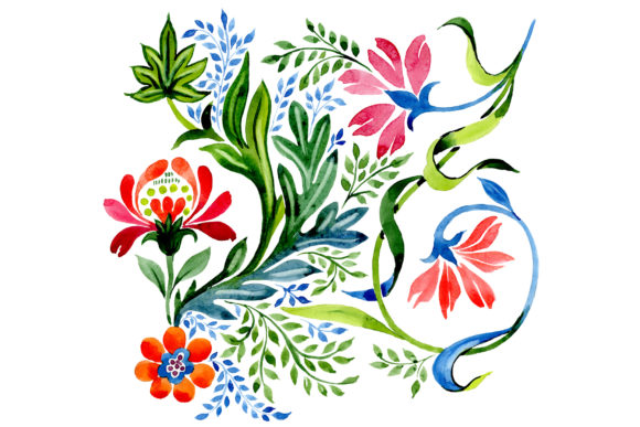 Ornament Red Flower Watercolor Set Illustrations