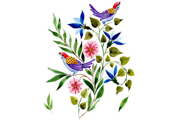 Ornament with Birds Watercolor Set Illustrations