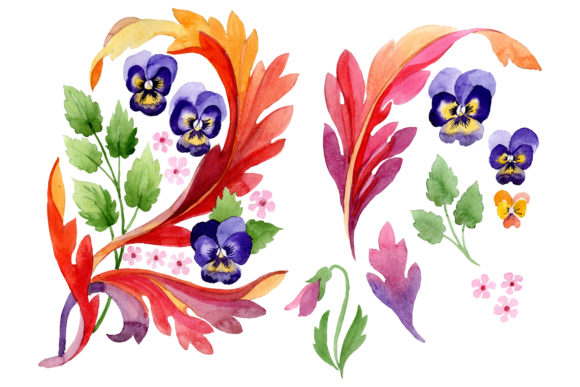 Ornament with Pansies Watercolor Illustrations