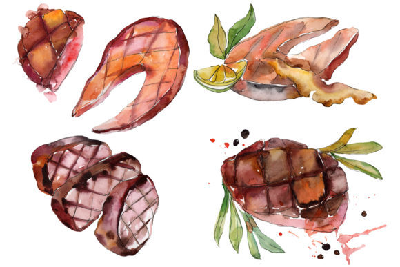 Salmon Fish Steaks Watercolor Set Illustrations