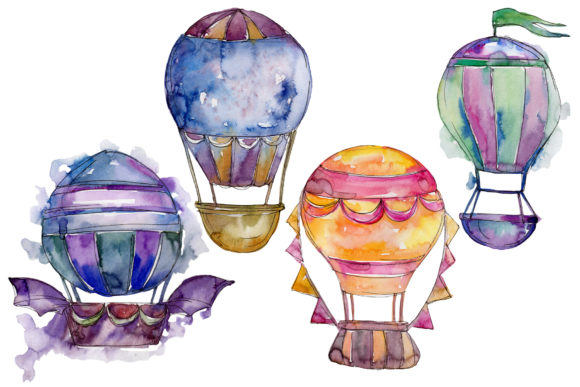 Watercolor Blue Hot Air Balloon Set Illustrations