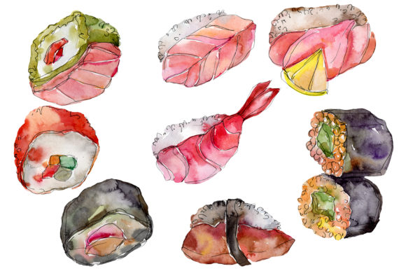 Watercolor Sushi Set: Fresh Illustrations